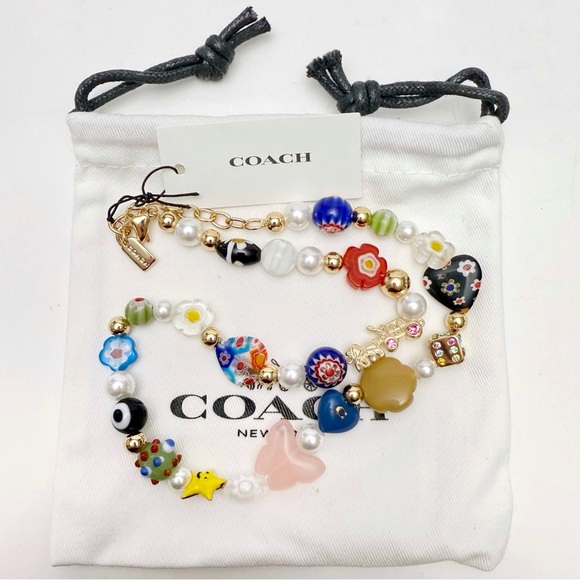 Coach Beaded Charm Necklace Millefiori Glass Art Faux Pearl Rhinestones NEW - Picture 2 of 7